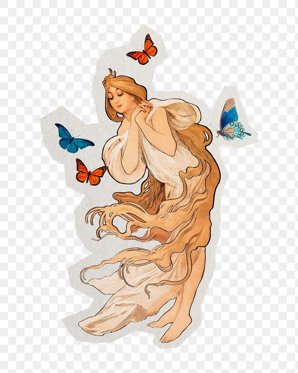 PNG Mucha's woman sticker with white border, transparent background, artwork remixed by rawpixel.