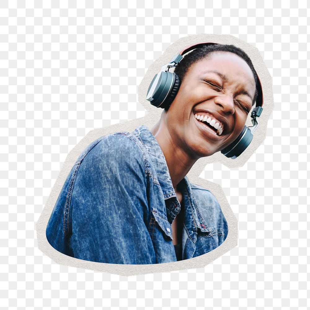PNG woman with headphones sticker with white border, transparent background