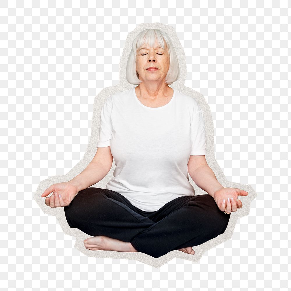 PNG senior woman meditating sticker with white border, transparent background