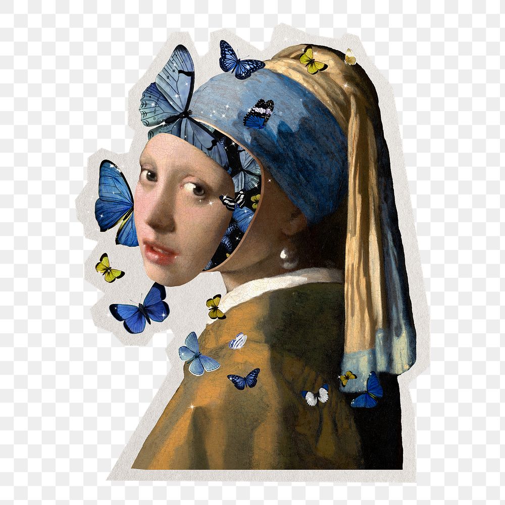 PNG girl with a pearl earring remixed collage artwork, transparent background