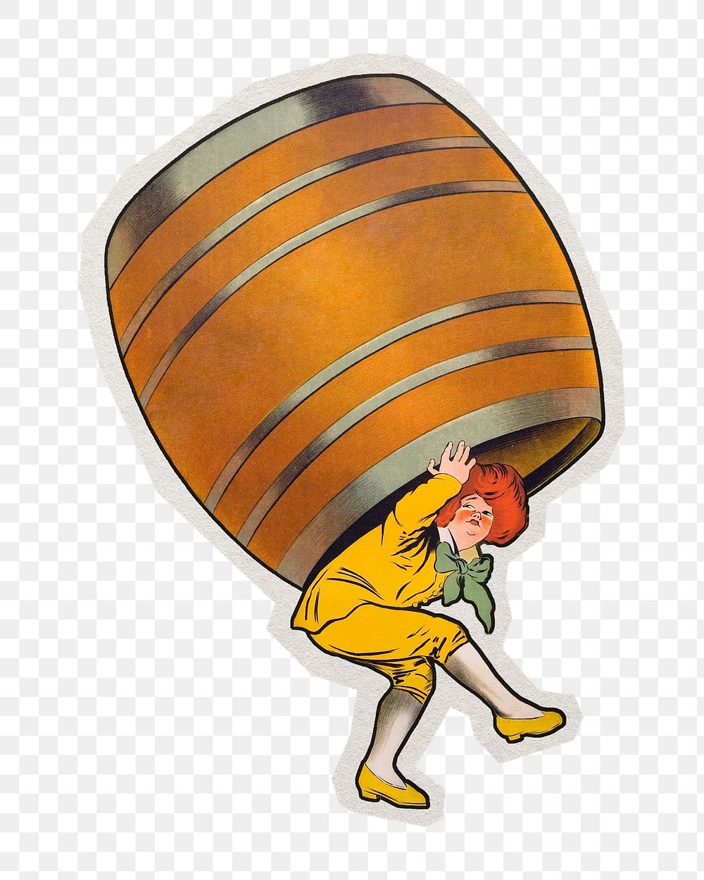 PNG boy carrying alcohol barrel sticker with white border,  transparent background 