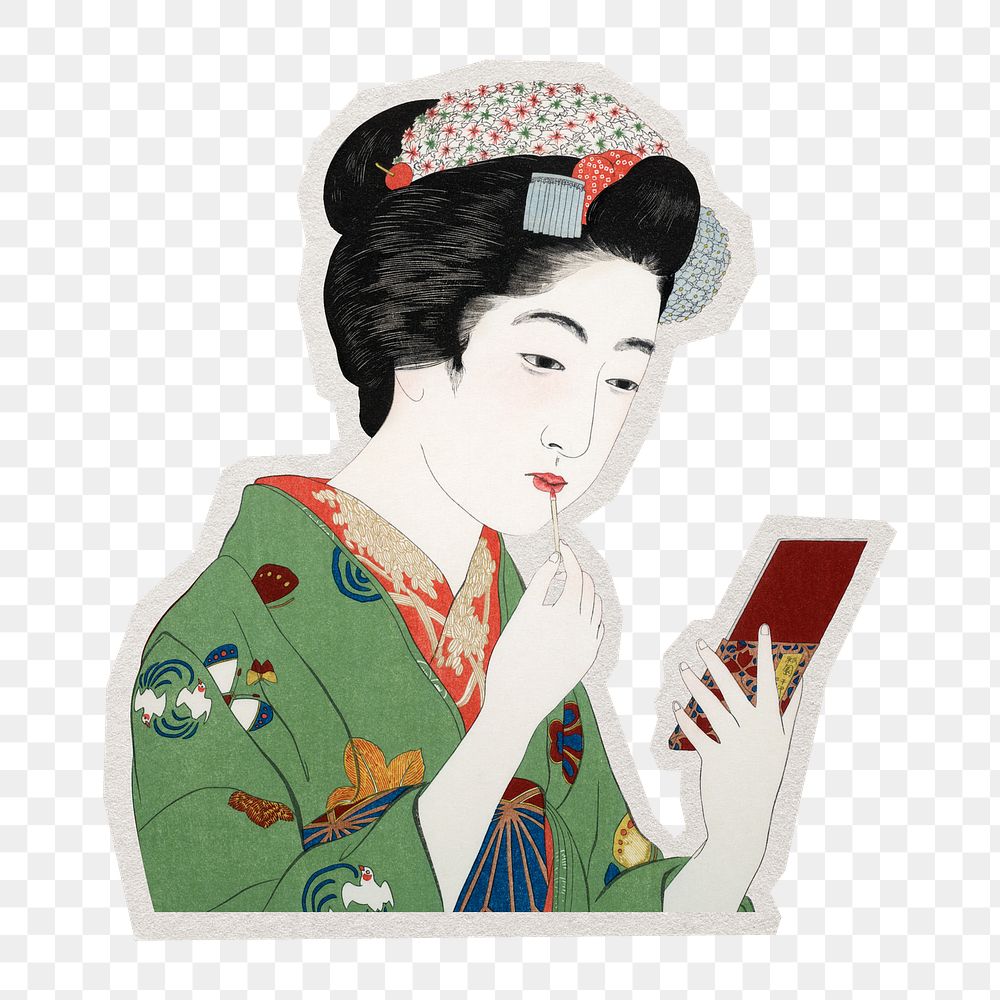 PNG Hashiguchi's Japanese woman sticker with white border, transparent background 