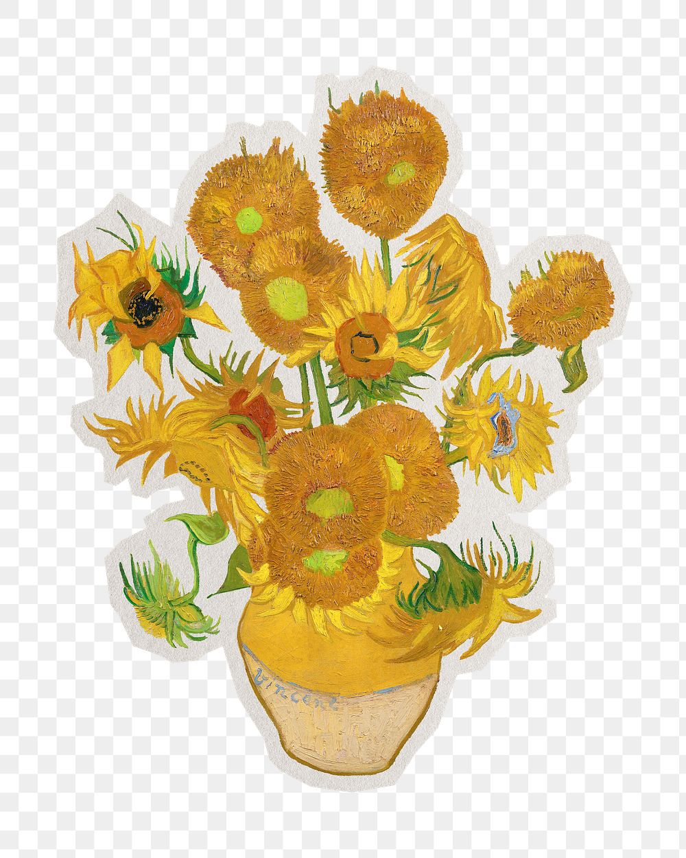 PNG vincent Van Gogh&rsquo;s Sunflowers sticker with white border, transparent background , artwork remixed by rawpixel.