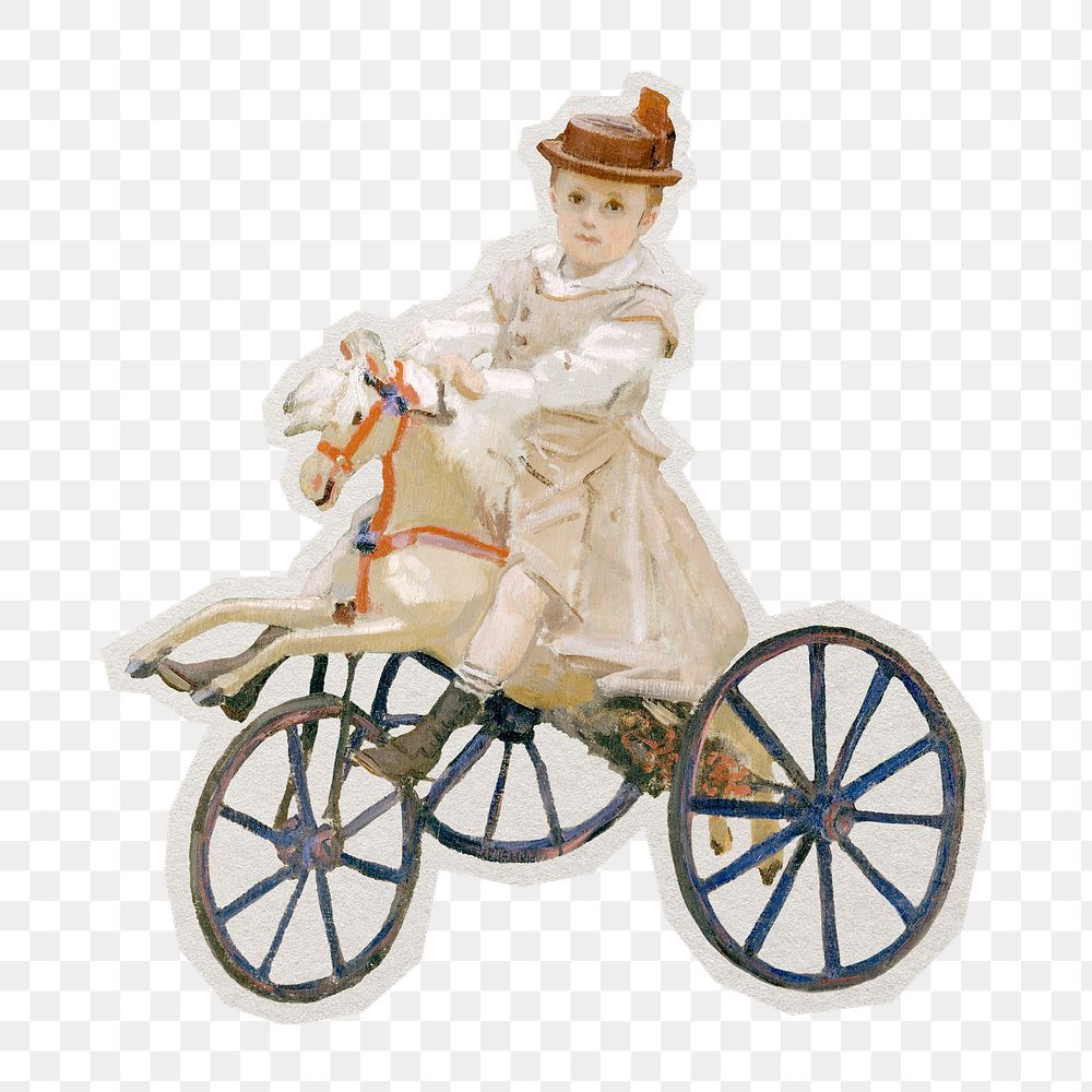 PNG Monet's Boy riding on pony tricycle sticker with white border, transparent background 