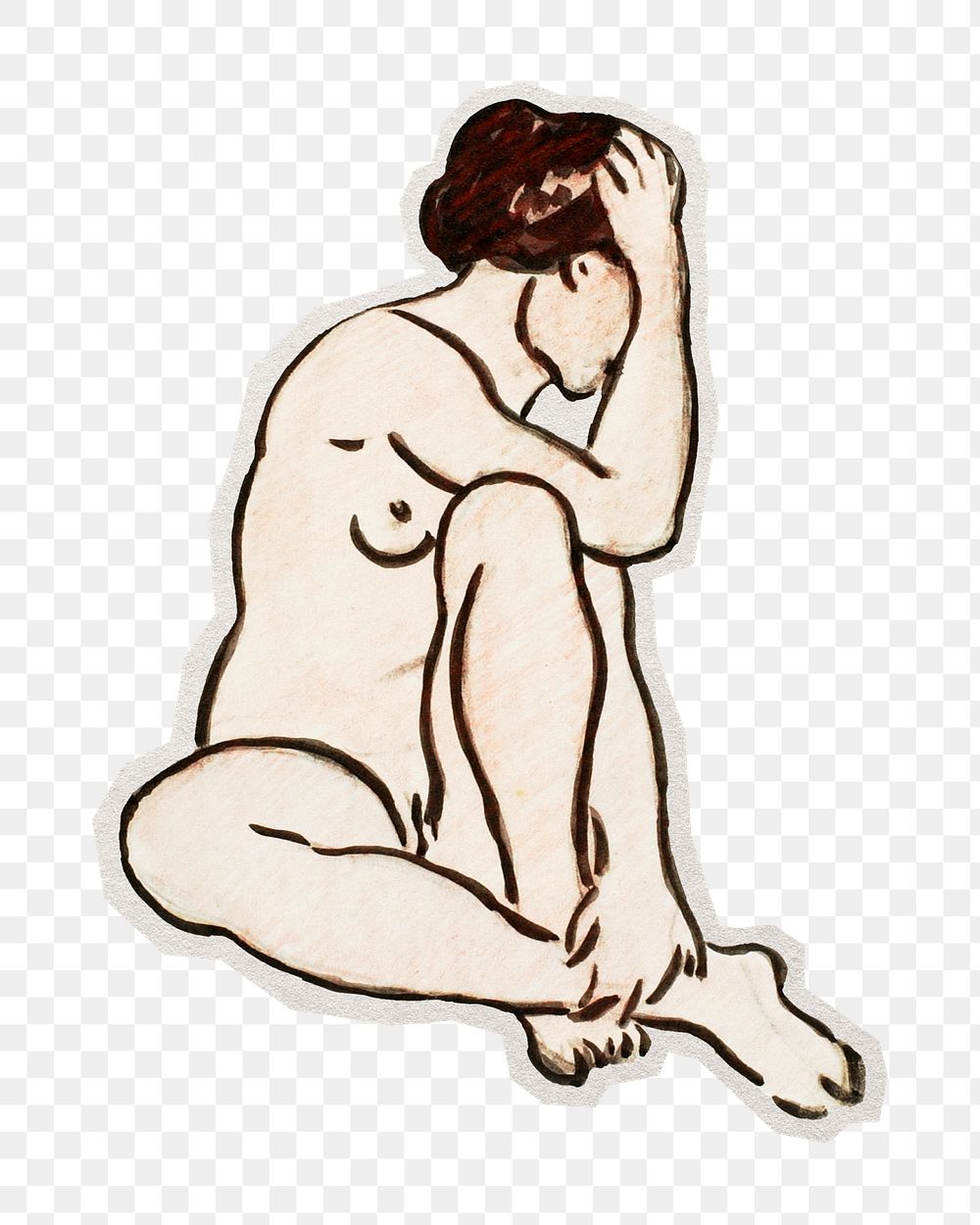 PNG vintage sitting nude lady sticker with white border,  transparent background