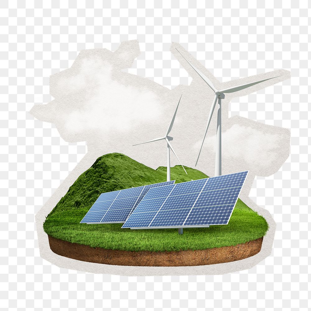 PNG renewable energy floating island environment & sustainability sticker with white border, transparent background