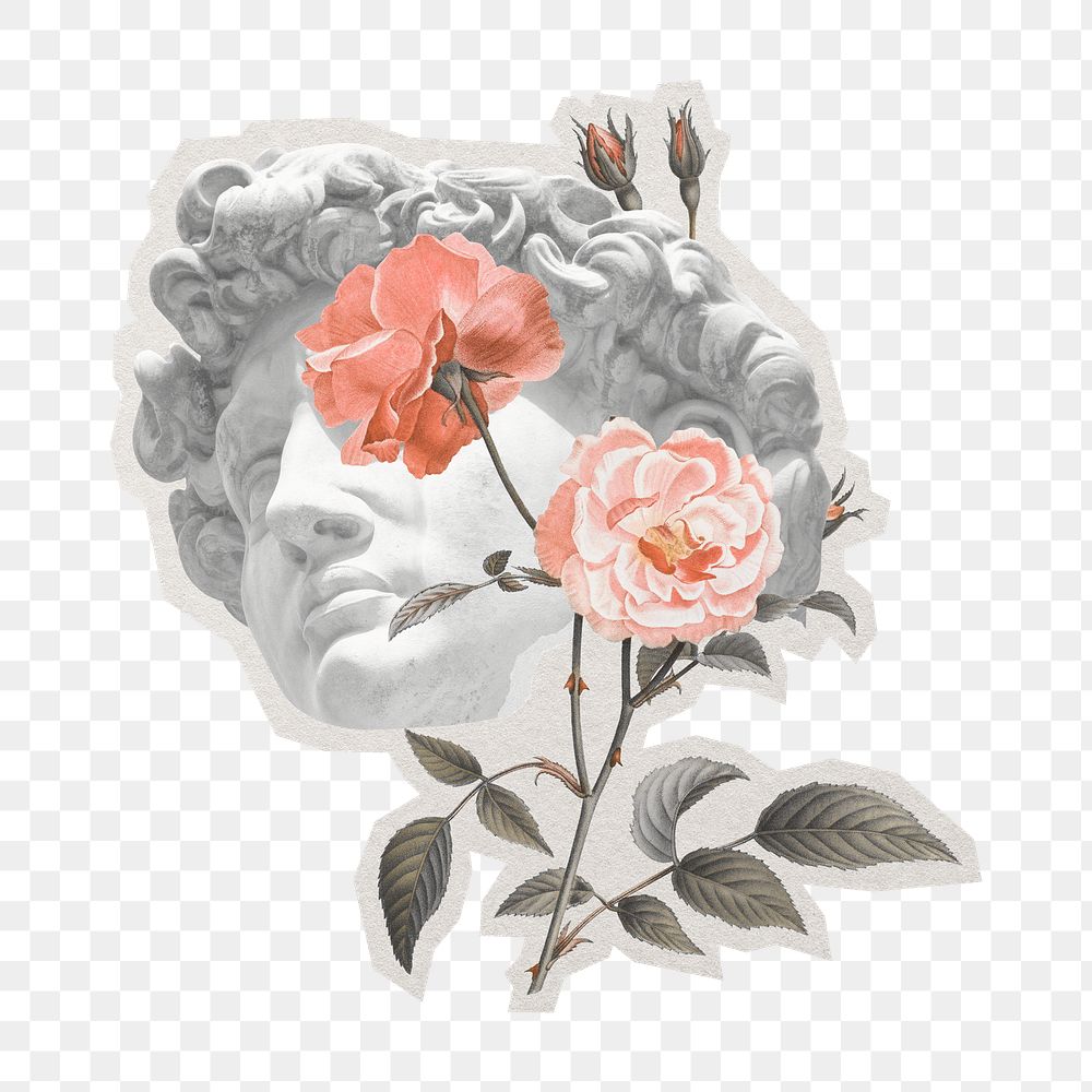 PNG  flora statue head sticker with white border, sculpture transparent background