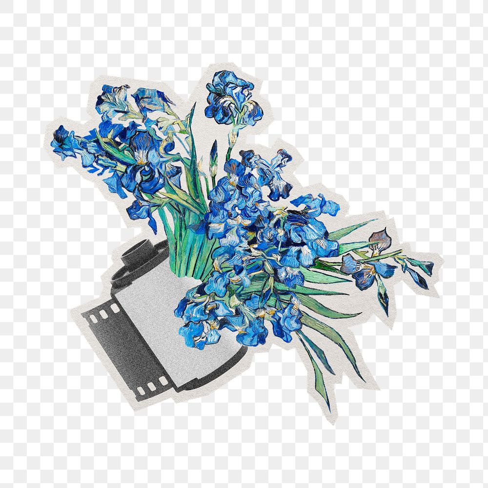 PNG vintage blue flower sticker with white border, transparent background, artwork remixed by rawpixel.