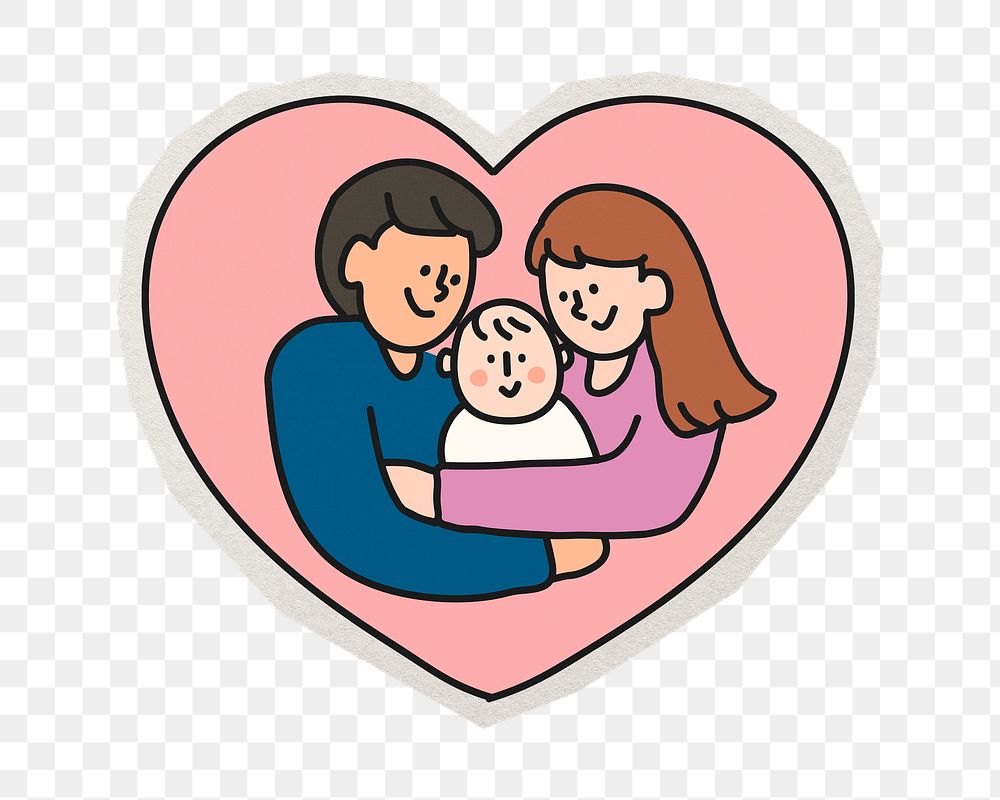 PNG family heart parents and baby sticker with white border, transparent background