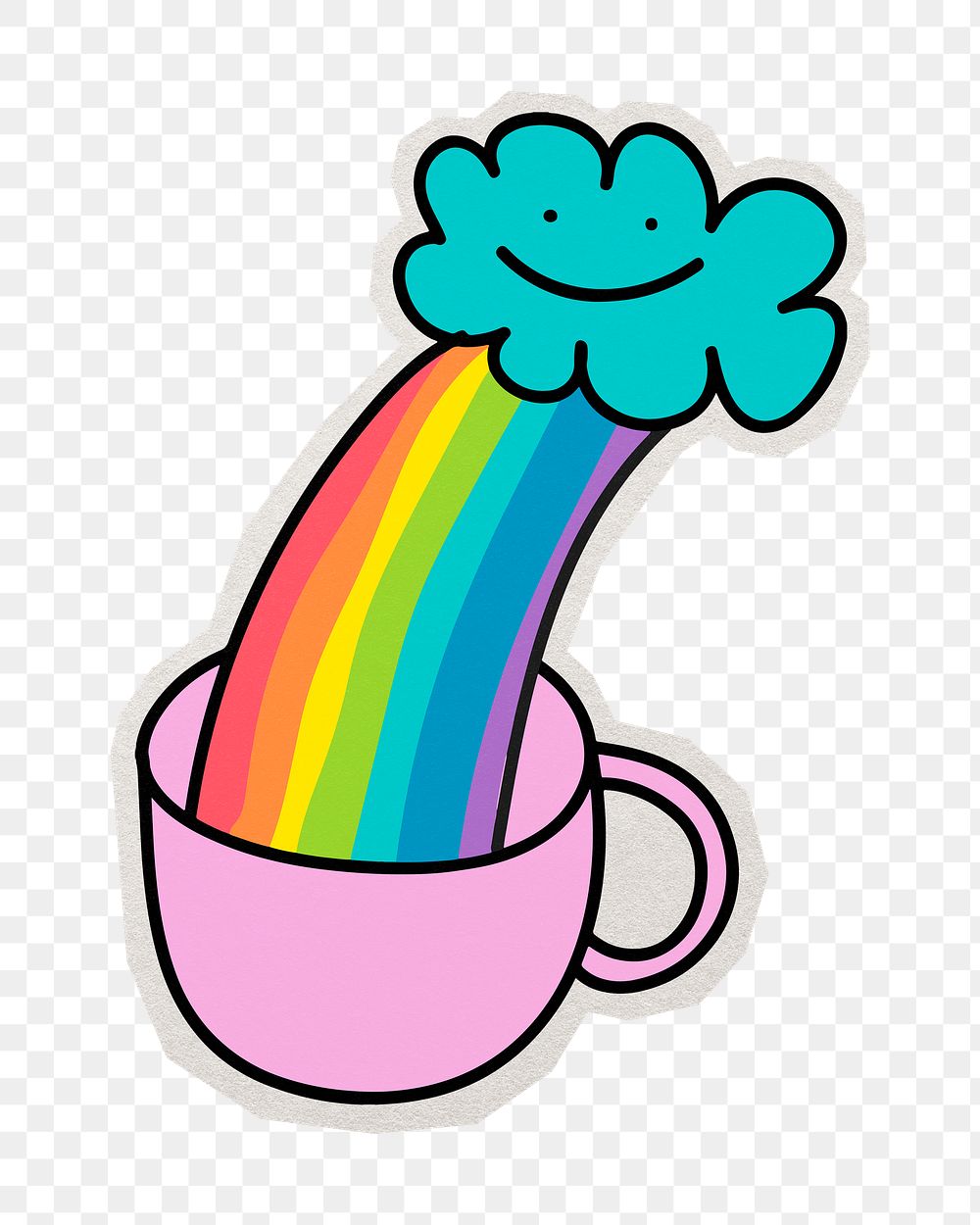 PNG rainbow in pink cup sticker with white border, transparent background