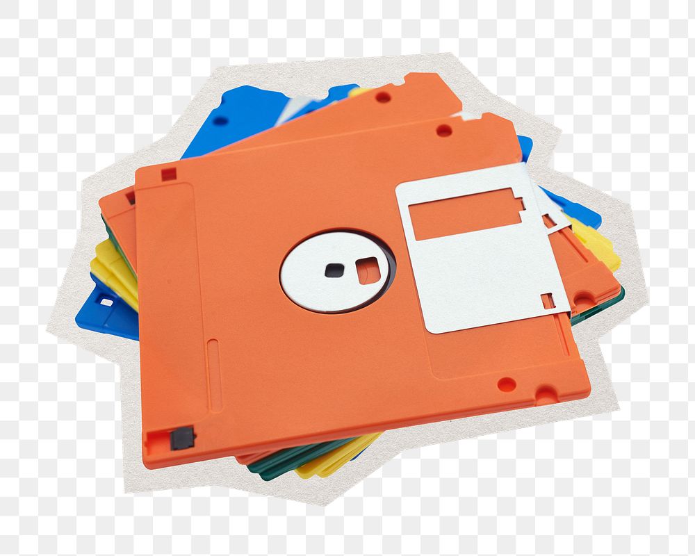 PNG floppy disks sticker with white border, transparent background