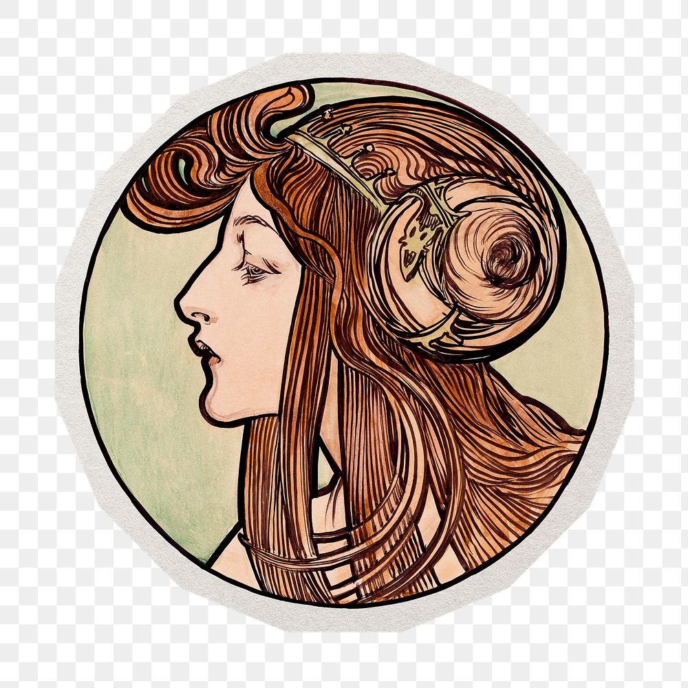 PNG Mucha's Art nouveau woman sticker with white border, transparent background , artwork remixed by rawpixel.