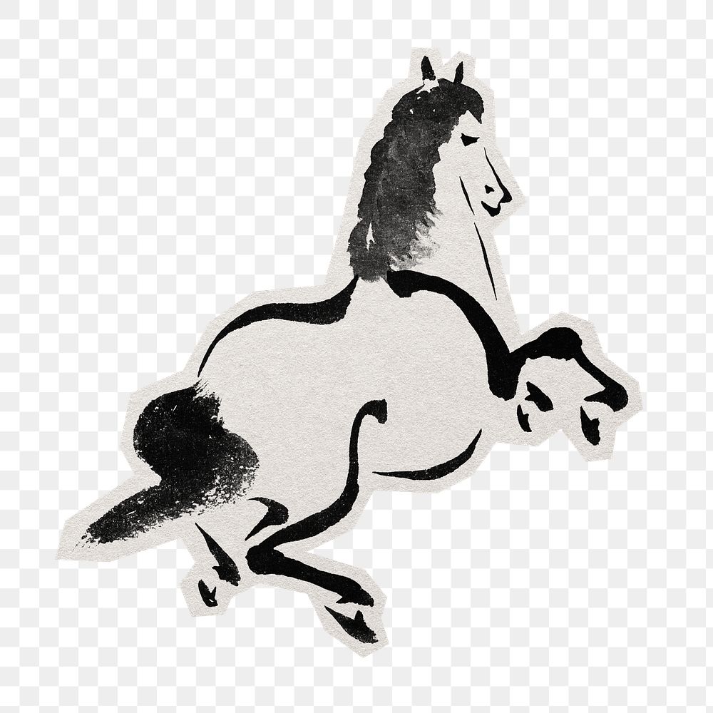 PNG Japanese horse sticker with white border, transparent background 