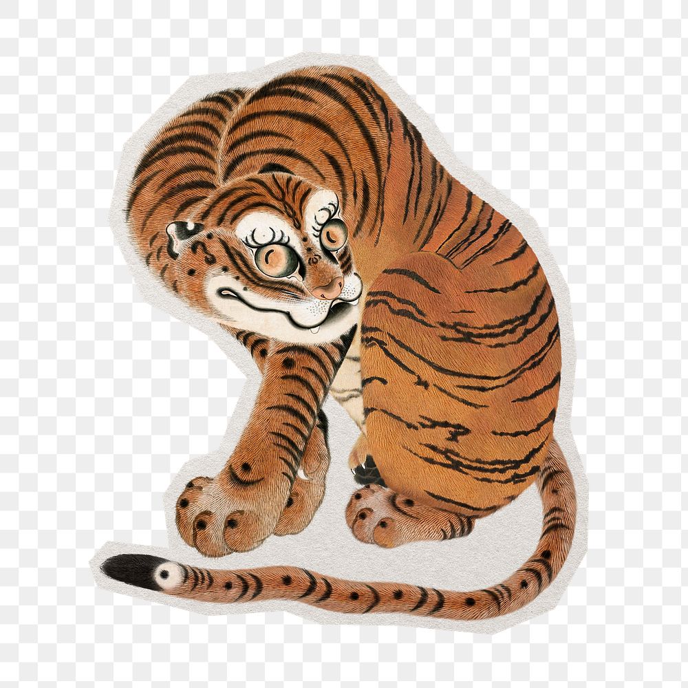 PNG Gyokushu's Seated Tiger sticker with white border, transparent background 