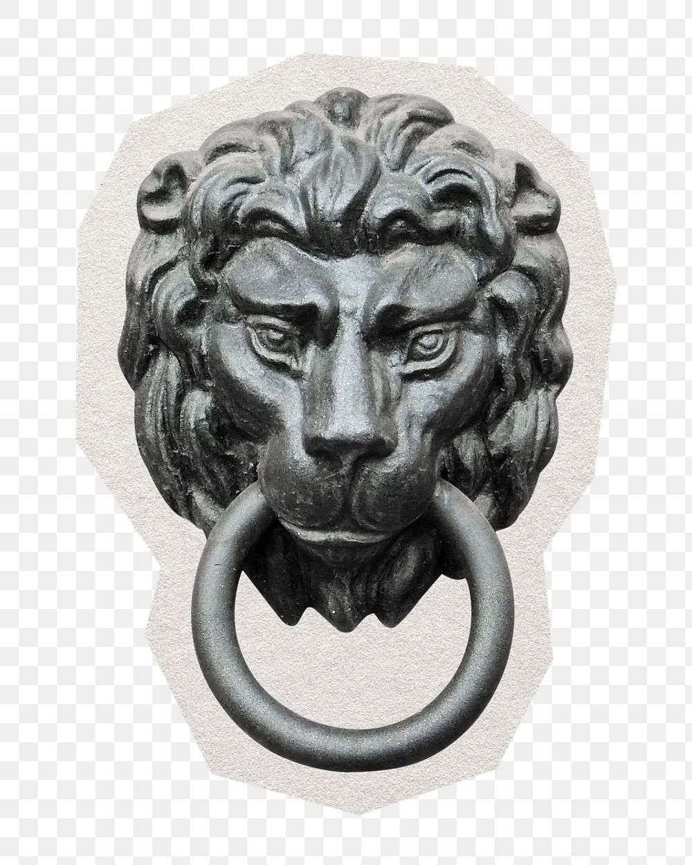 PNG  lion door knocker sticker with white border, transparent background