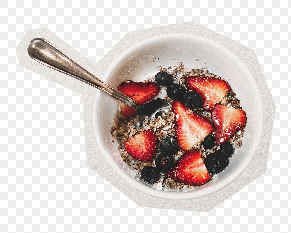 PNG strawberry cereal breakfast sticker with white border, transparent background