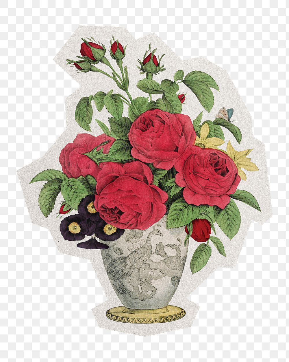 PNG aesthetic rose vase sticker with white border, transparent background 