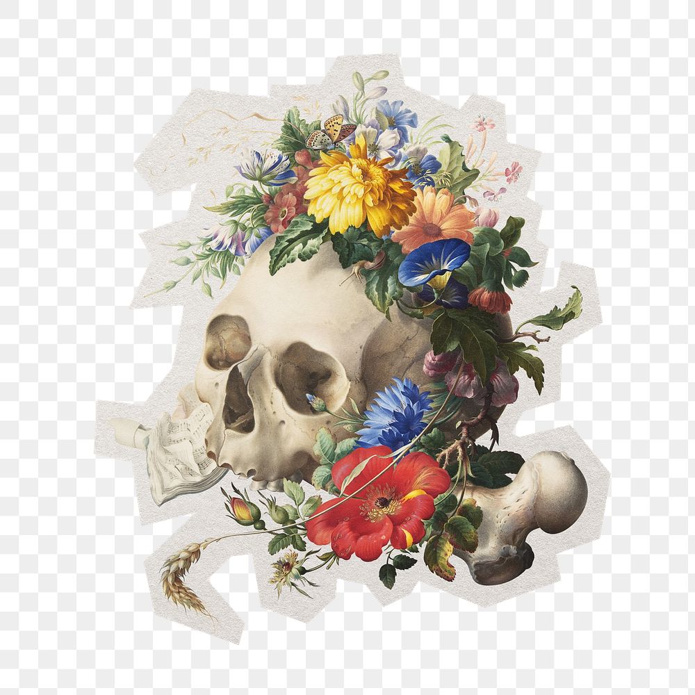 Aesthetic vanitas floral skull png botanical sticker, paper cut on transparent background. Remixed by rawpixel.