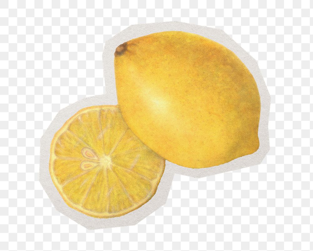 Yellow lemon sticker, paper cut on transparent background