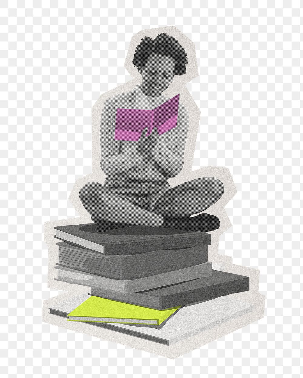 Png woman reading book  sticker, paper cut on transparent background