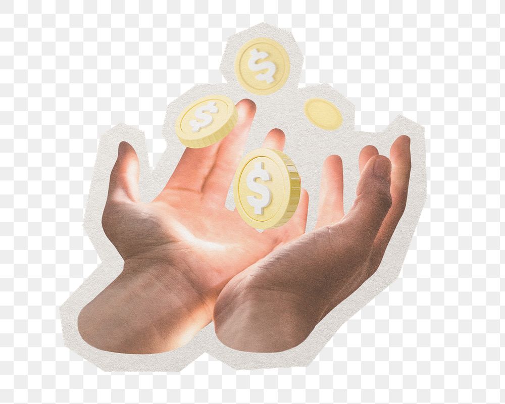 Png holding dollar coin sticker, paper cut on transparent background