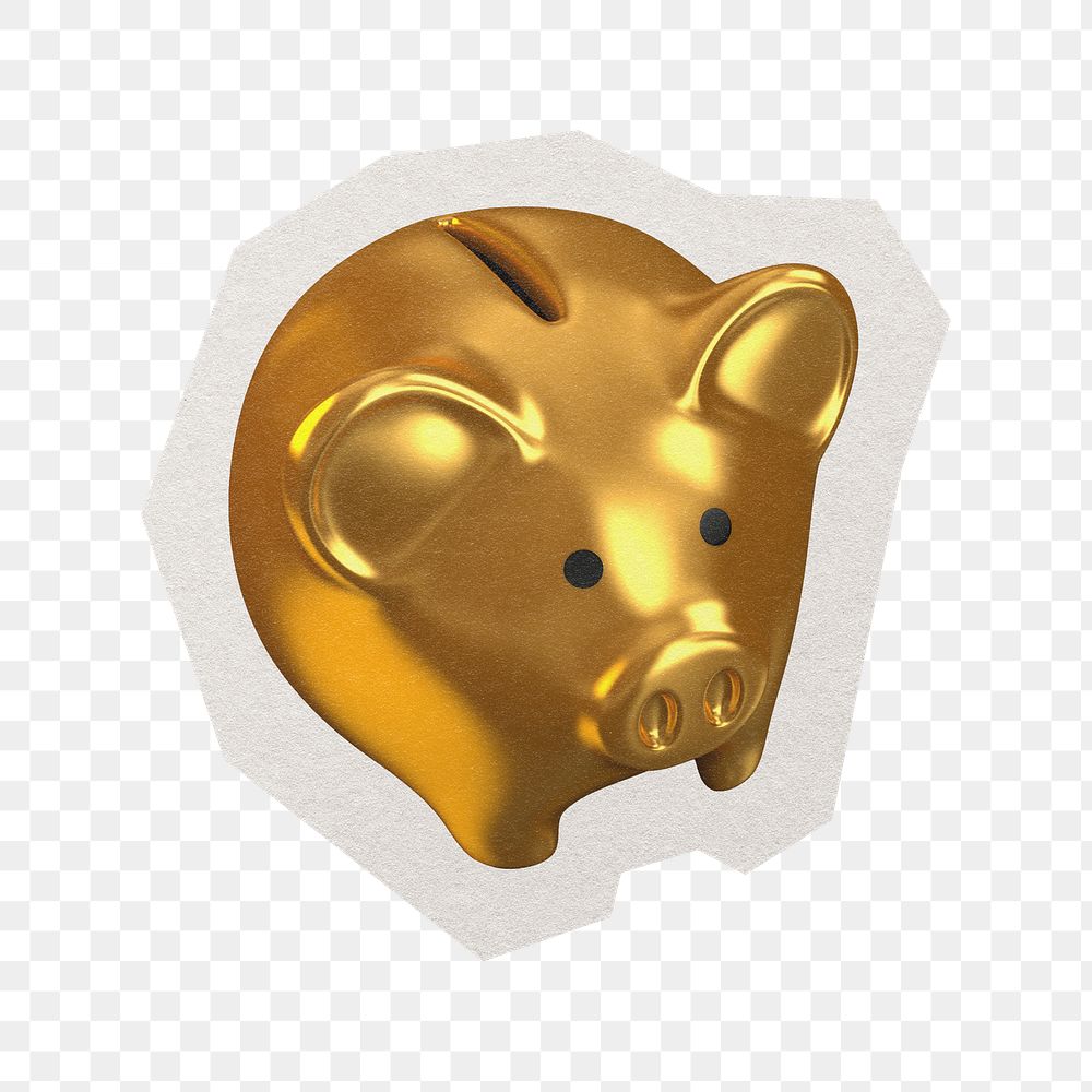 Gold piggy bank png sticker, paper cut on transparent background