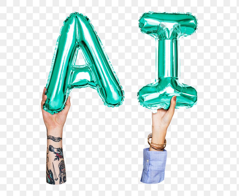 AI word png, hands holding balloon typography, transparent background