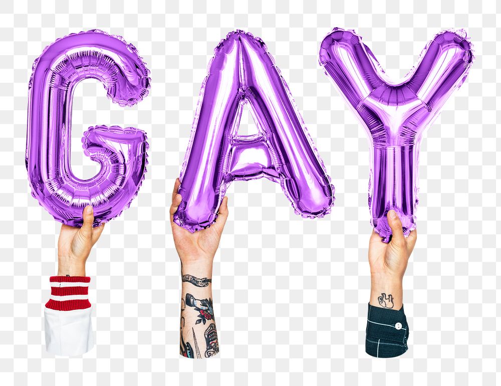 Gay word png, hands holding balloon typography, transparent background