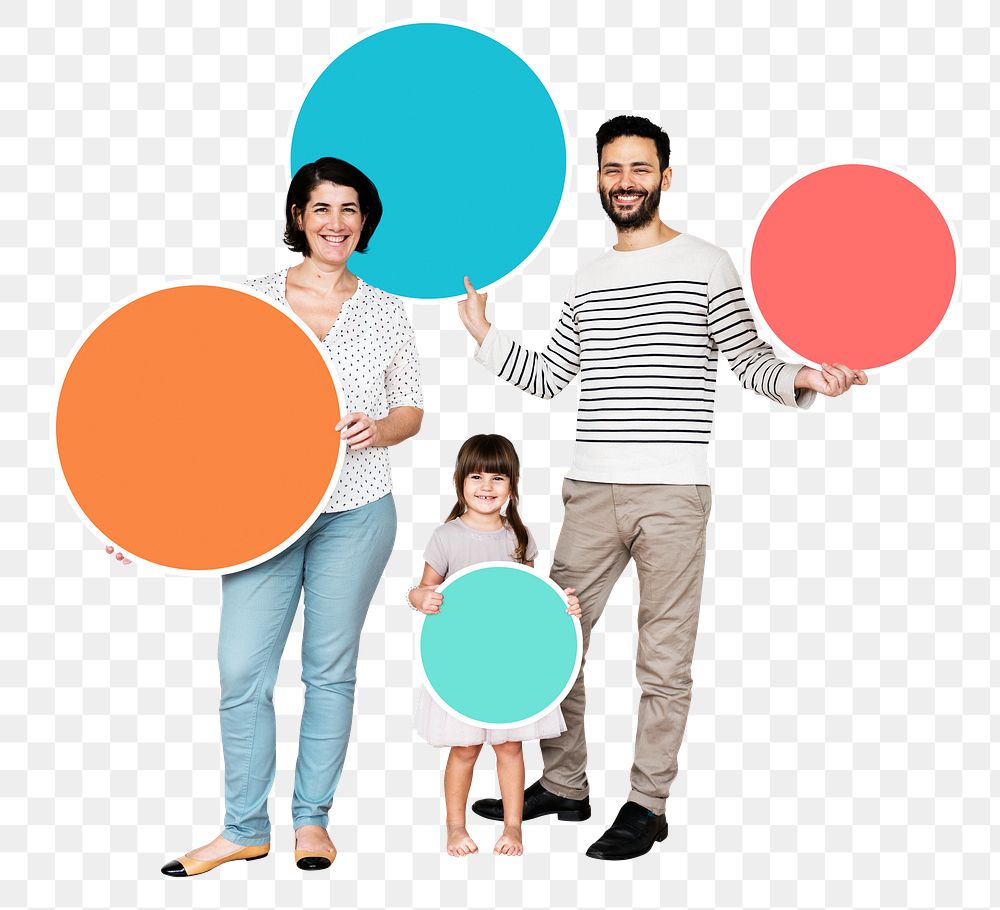 Png Happy family holding blank boards, transparent background