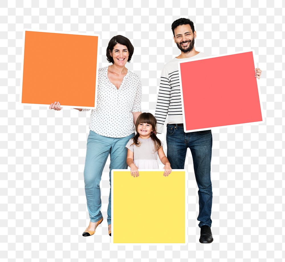 Png Happy family holding blank boards, transparent background
