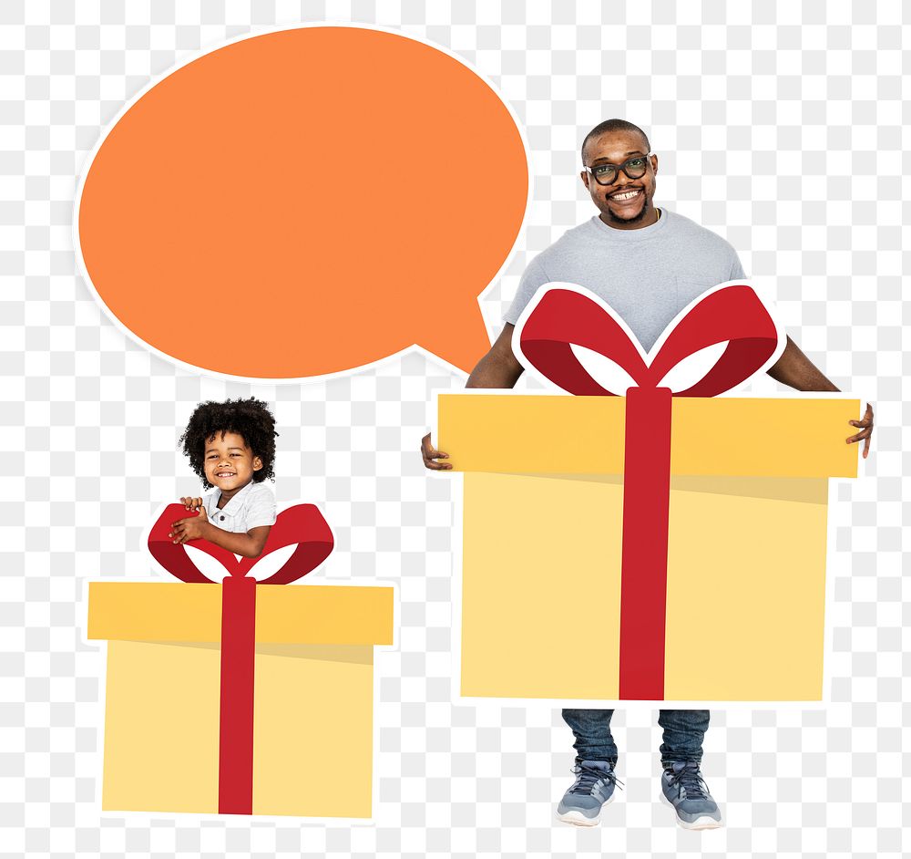 Png Father and son holding gift boxes, transparent background