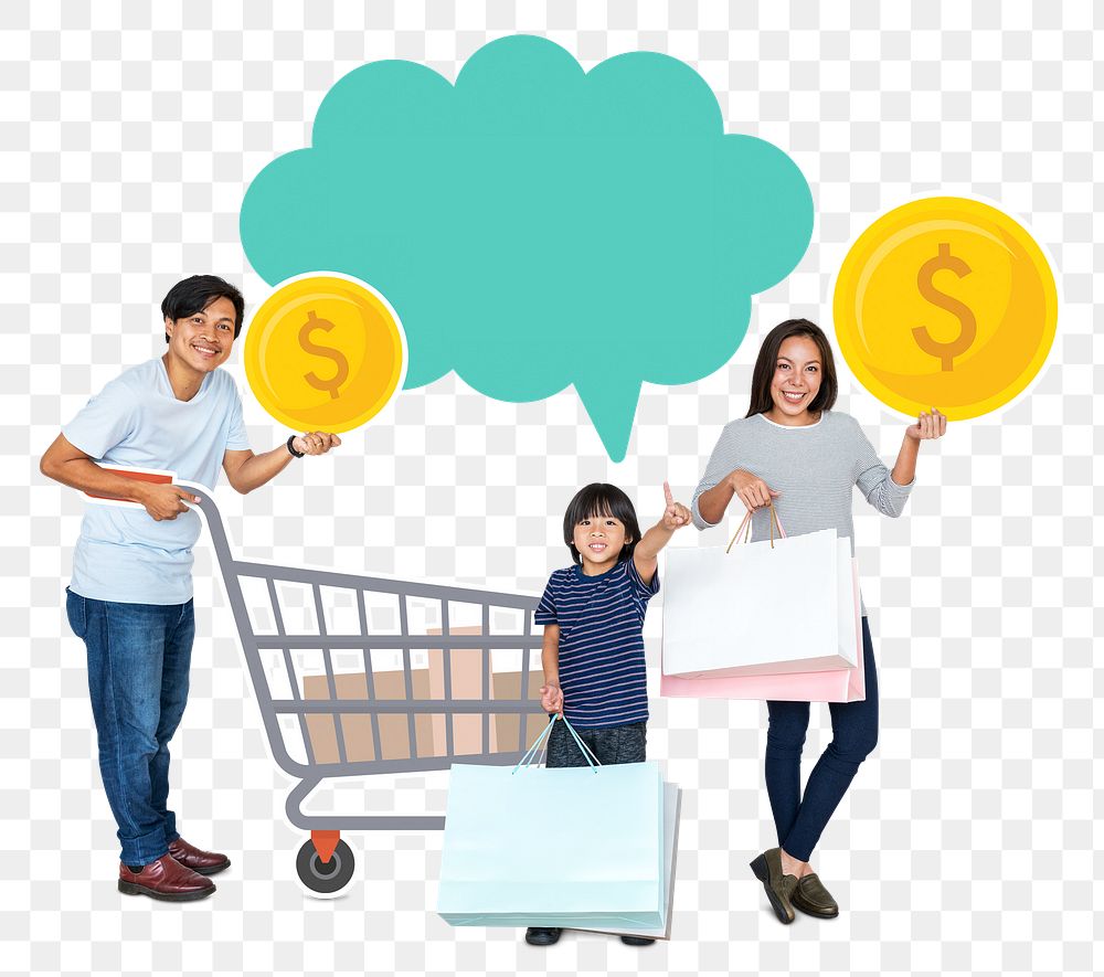 Png Happy family looking for super save deal, transparent background