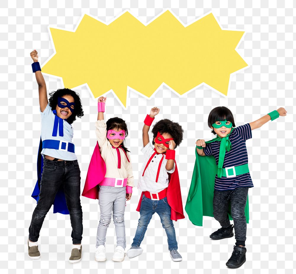 Png Cute kids wearing superhero costumes, transparent background
