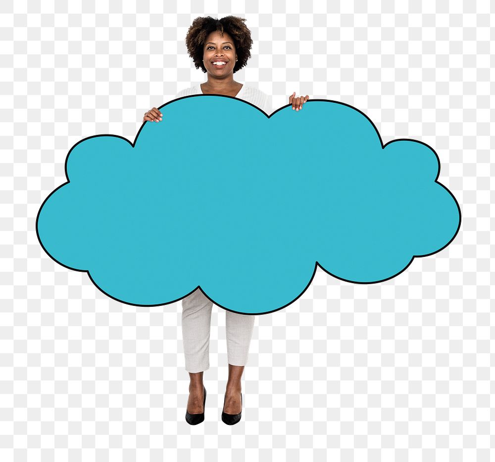 Png Woman holding cloud shaped board, transparent background