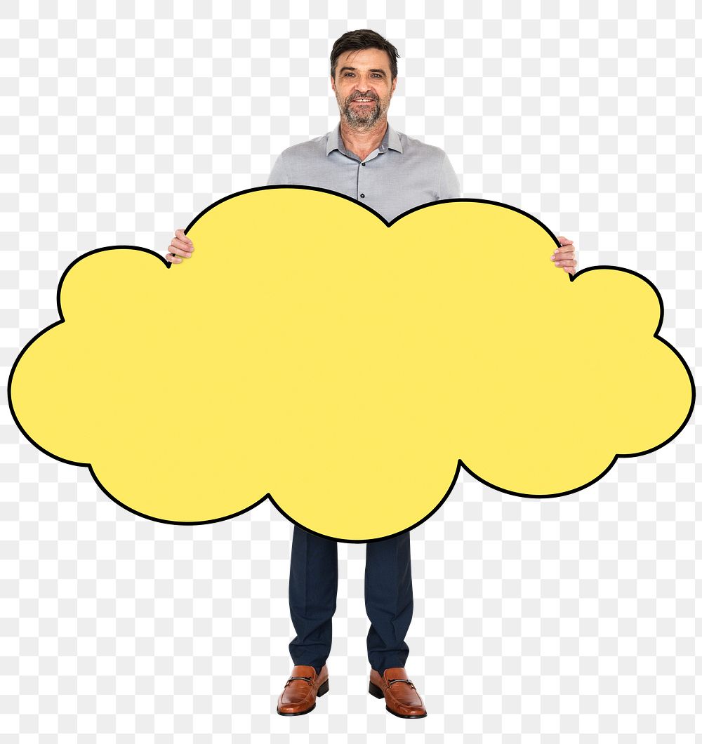 Png Businessman holding blank cloud, transparent background