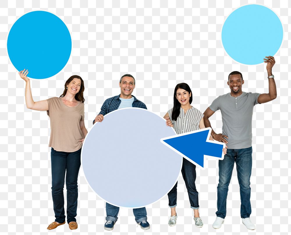 Png Diverse people holding blue circles, transparent background