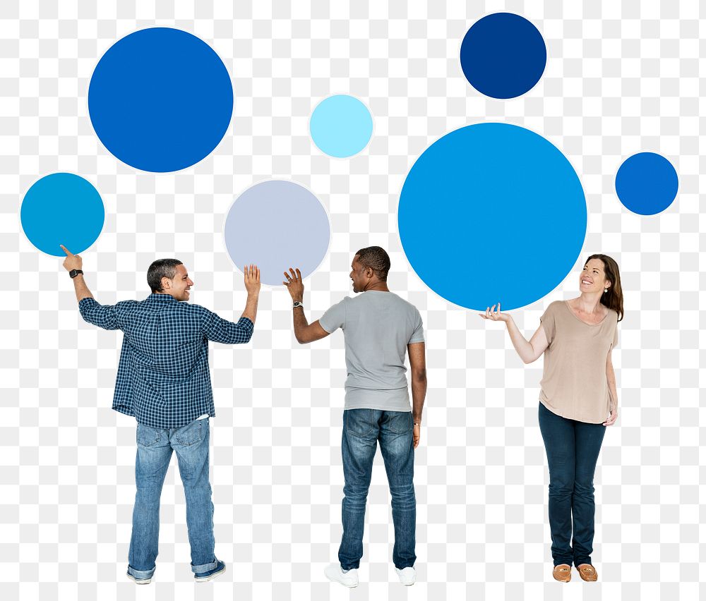 Png Diverse people holding blue circles, transparent background