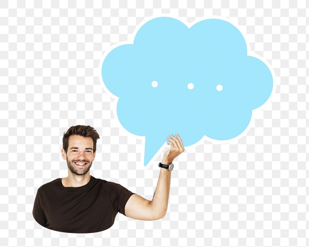 Png Cheerful man holding blank speech bubble symbol, transparent background