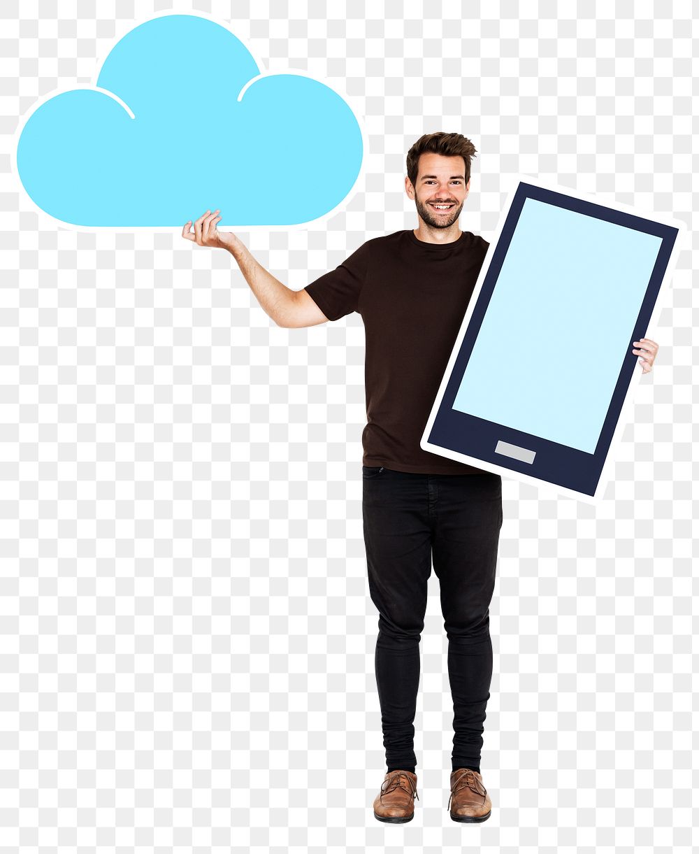 Png Cheerful man holding online cloud storage icons, transparent background
