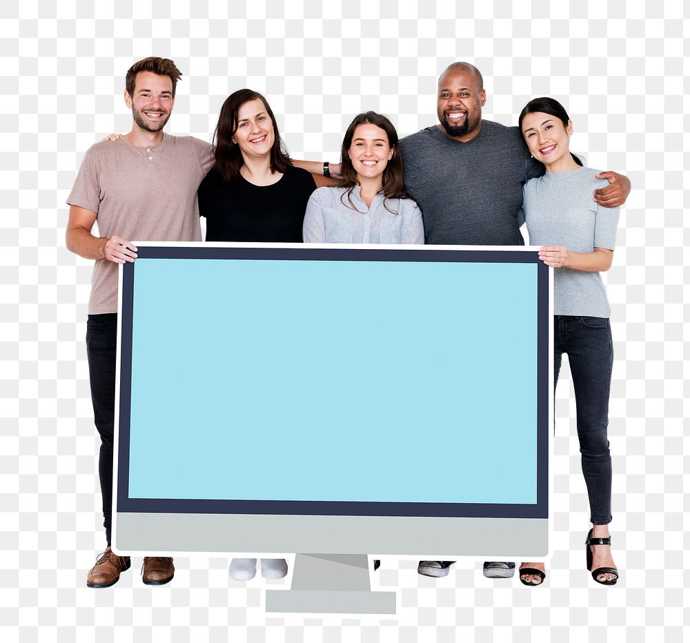 Png Diverse people with blank computer screen, transparent background