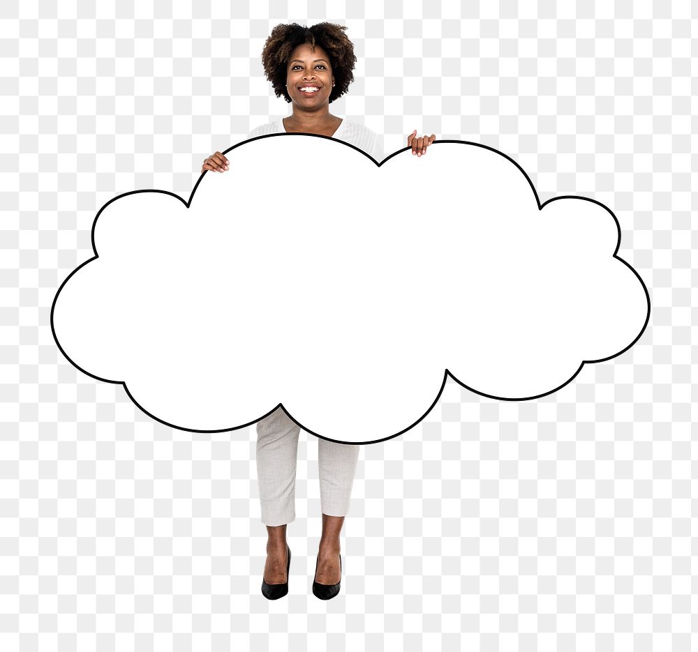 Png Woman holding cloud shaped board, transparent background