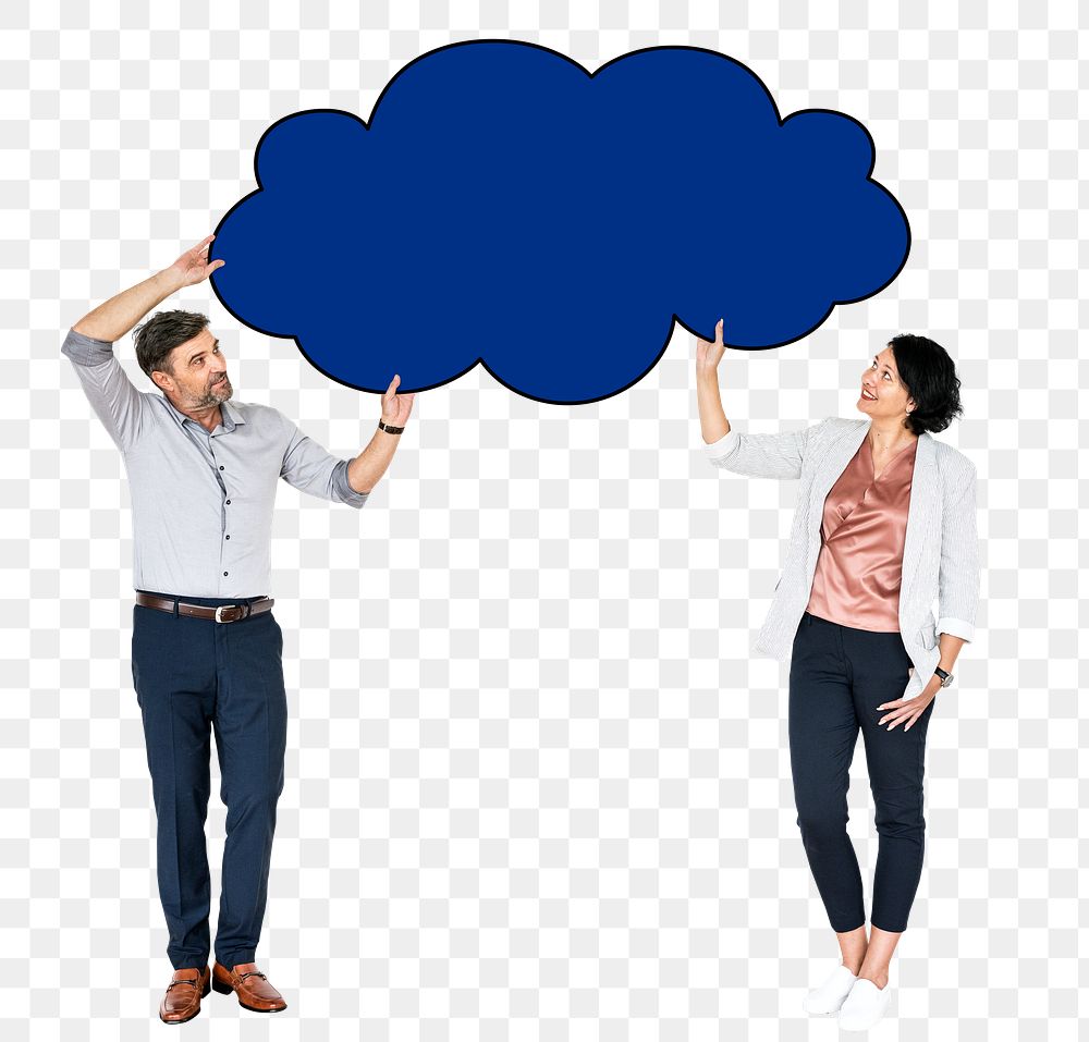 Png A man and woman holding cloud board, transparent background