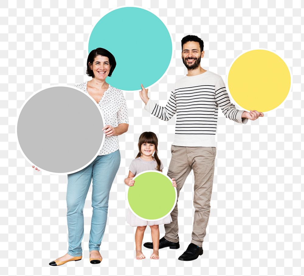Png Happy family holding empty round boards, transparent background