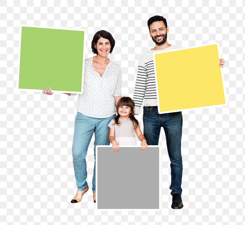 Png Happy family holding empty square shaped boards, transparent background