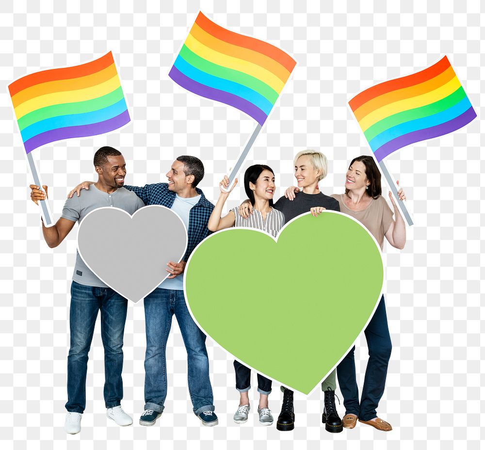 Png Group of people holding rainbow banners, transparent background