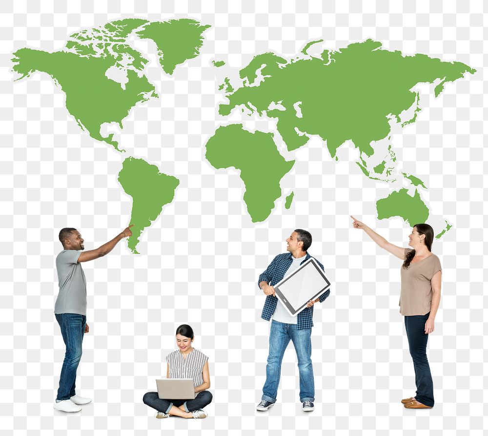 Png People pointing at the world map, transparent background