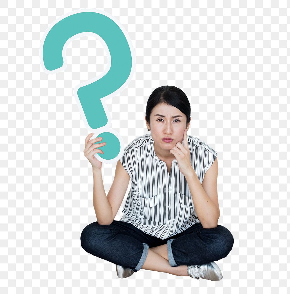 Png Confused lady holding question mark sign, transparent background