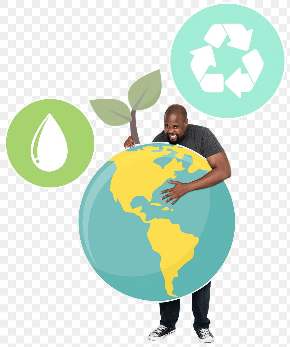 Png Cheerful man with environmental conservation symbols, transparent background