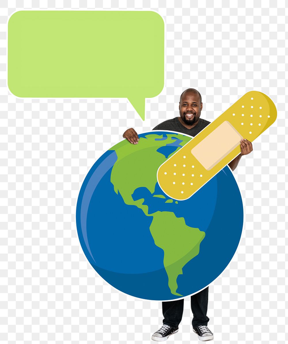 Png Cheerful ecologist with save the world concept symbols, transparent background