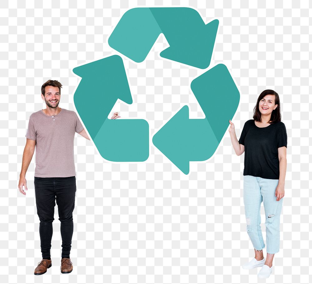 Png People holding green recycling symbol, transparent background